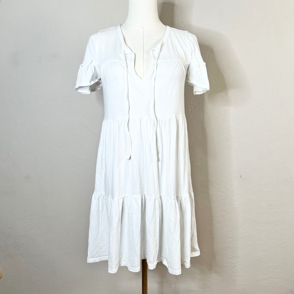 J.Crew Dress Tiered Mini Size XXS White 100% Cotton Keyhole Ruffle Short Sleeve